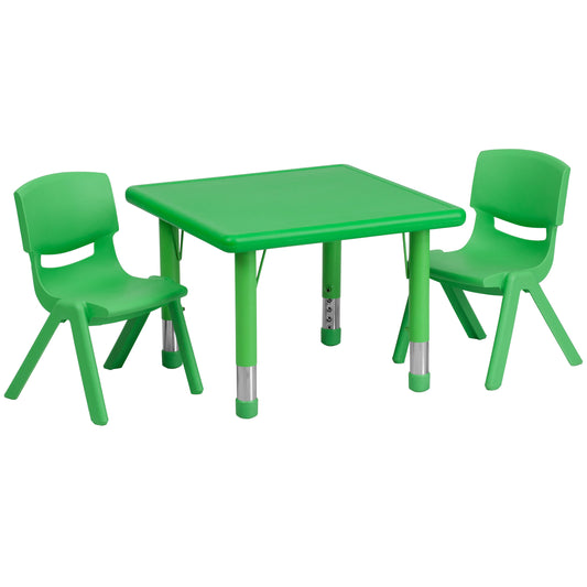 Flash Furniture YU-YCX-0023-2-SQR-TBL-GREEN-R-GG 24" Square Green Plastic Height Adjustable Activity Table Set with 2 Chairs - Main view