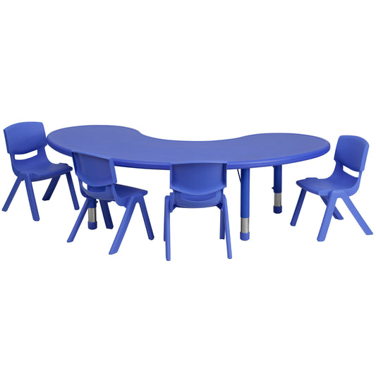 Flash Furniture YU-YCX-0043-2-MOON-TBL-BLUE-E-GG 35"W x 65"L Half-Moon Blue Plastic Adjustable Activity Table Set - 4 Chairs - Main view