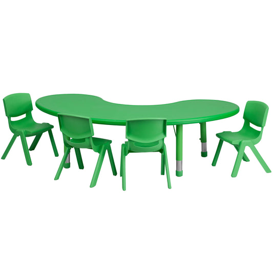 Flash Furniture YU-YCX-0043-2-MOON-TBL-GREEN-E-GG 35"W x 65"L Half-Moon Green Plastic Adjustable Activity Table Set - 4 Chairs - Main view