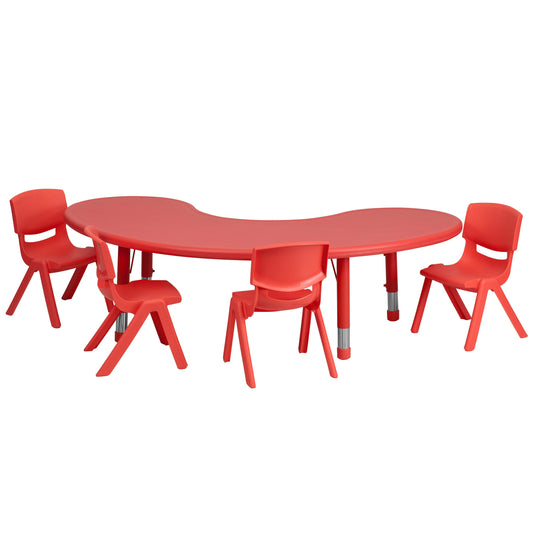 Flash Furniture YU-YCX-0043-2-MOON-TBL-RED-E-GG 35"W x 65"L Half-Moon Red Plastic Adjustable Activity Table Set - 4 Chairs - Main view
