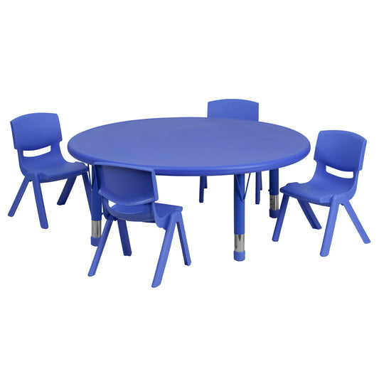 Flash Furniture YU-YCX-0053-2-ROUND-TBL-BLUE-E-GG 45" Round Blue Plastic Height Adjustable Activity Table Set with 4 Chairs - Main view