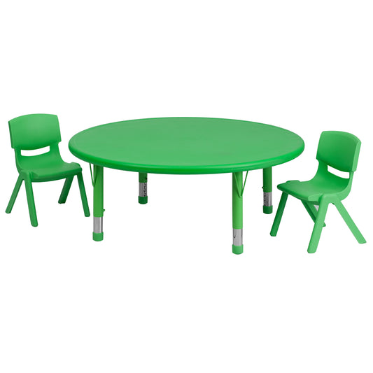 Flash Furniture YU-YCX-0053-2-ROUND-TBL-GREEN-R-GG 45" Round Green Plastic Height Adjustable Activity Table Set with 2 Chairs - Main view