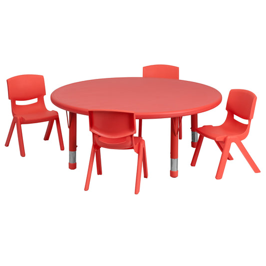 Flash Furniture YU-YCX-0053-2-ROUND-TBL-RED-E-GG 45" Round Red Plastic Height Adjustable Activity Table Set with 4 Chairs - Main view