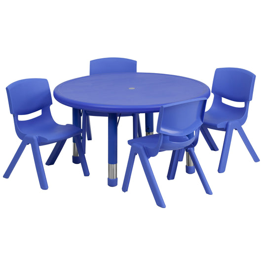 Flash Furniture YU-YCX-0073-2-ROUND-TBL-BLUE-E-GG 33" Round Blue Plastic Height Adjustable Activity Table Set with 4 Chairs - Main view