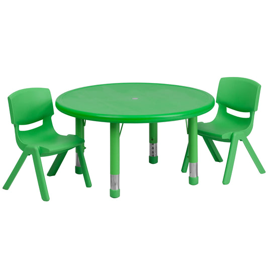 Flash Furniture YU-YCX-0073-2-ROUND-TBL-GREEN-R-GG 33" Round Green Plastic Height Adjustable Activity Table Set with 2 Chairs - Main view