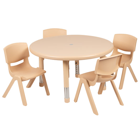 Flash Furniture YU-YCX-0073-2-ROUND-TBL-NAT-E-GG 33" Round Natural Plastic Height Adjustable Activity Table Set with 4 Chairs - Main view