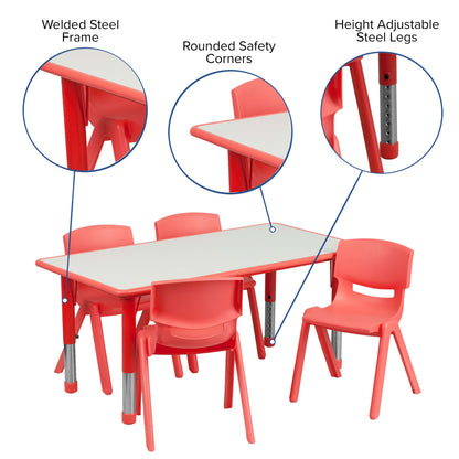 Flash Furniture YU-YCY-060-0034-RECT-TBL-RED-GG 23.625"W x 47.25"L Rectangular Red Plastic Activity Table Set with 4 Chairs - View 3