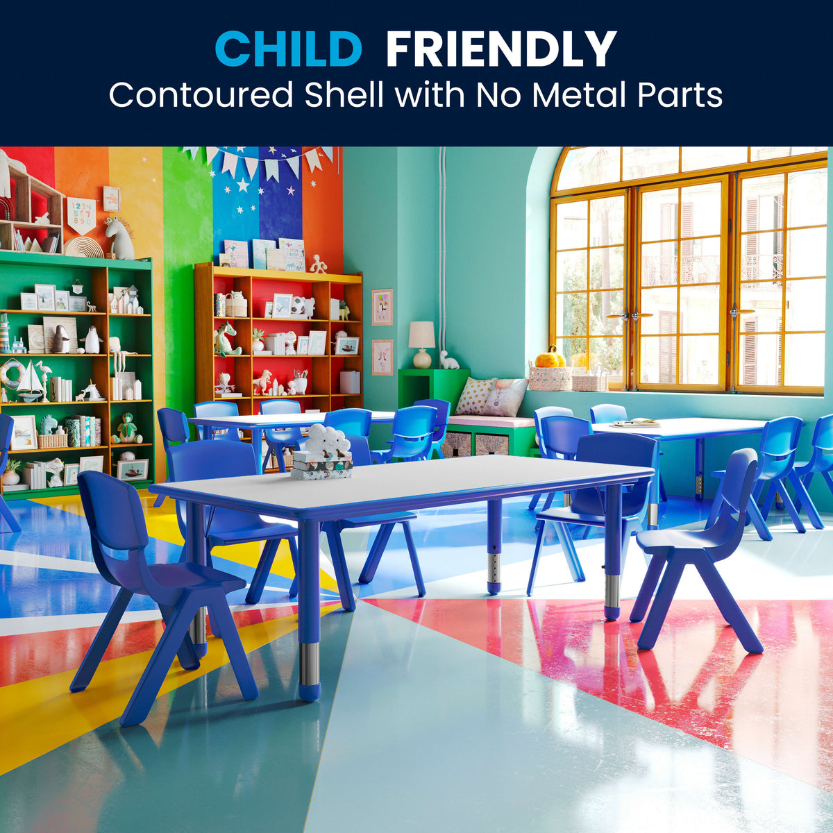 Flash Furniture YU-YCY-060-0036-RECT-TBL-BLUE-GG 23.625"W x 47.25"L Rectangular Blue Plastic Activity Table Set with 6 Chairs - View 7
