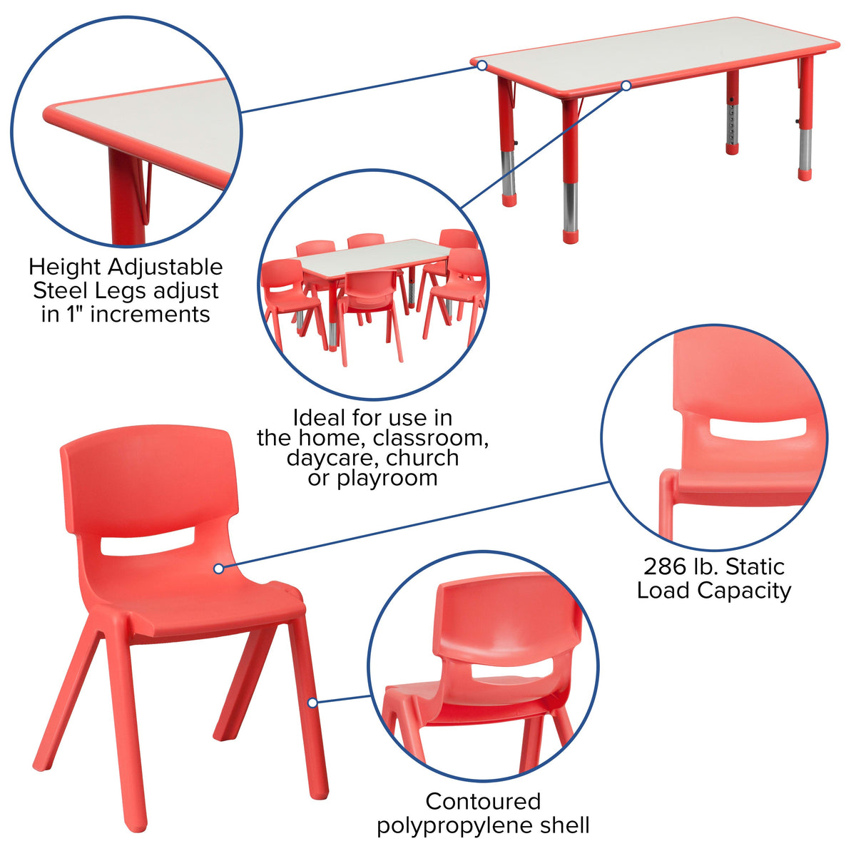 Flash Furniture YU-YCY-060-0036-RECT-TBL-RED-GG 23.625"W x 47.25"L Rectangular Red Plastic Activity Table Set with 6 Chairs - View 3