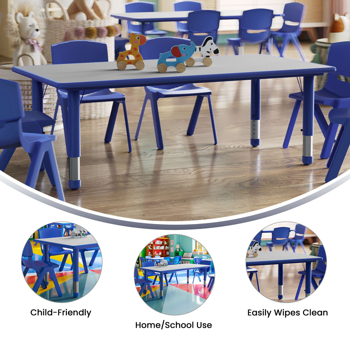 Flash Furniture YU-YCY-060-RECT-TBL-BLUE-GG 23.625"W x 47.25"L Rectangular Blue Plastic Activity Table with Grey Top - View 2