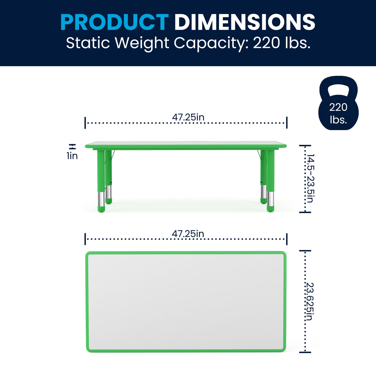 Flash Furniture YU-YCY-060-RECT-TBL-GREEN-GG 23.625"W x 47.25"L Rectangular Green Plastic Activity Table with Grey Top - View 3