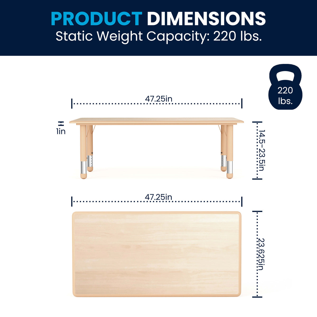 Flash Furniture YU-YCY-060-RECT-TBL-NAT-GG 23.625"W x 47.25"L Natural Plastic Adjustable Activity Table-School Table for 6 - View 3
