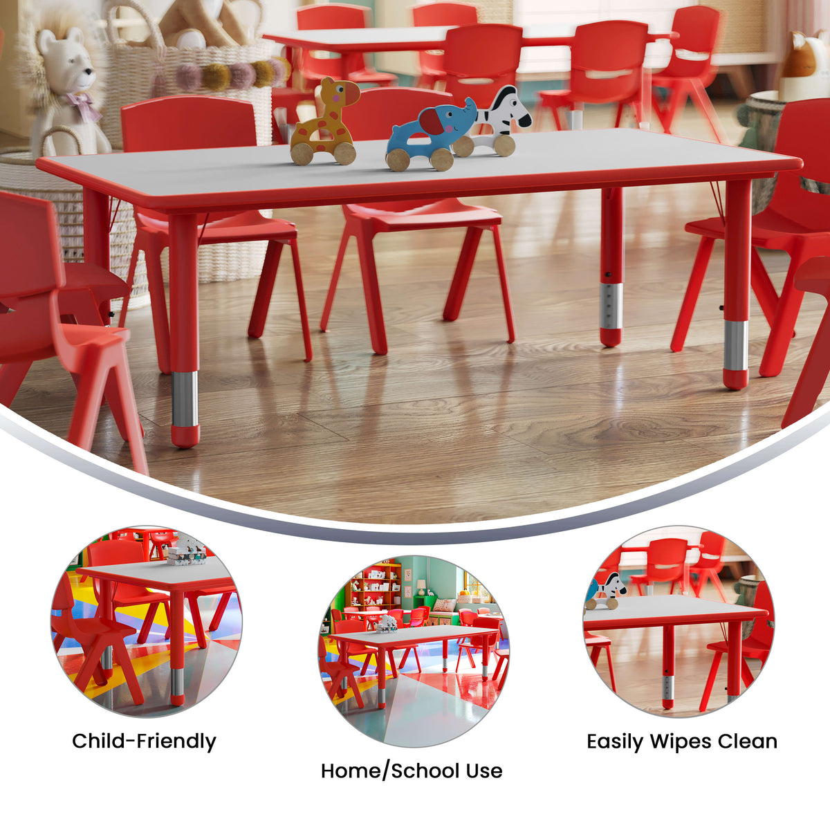Flash Furniture YU-YCY-060-RECT-TBL-RED-GG 23.625"W x 47.25"L Rectangular Red Plastic Activity Table with Grey Top - View 2