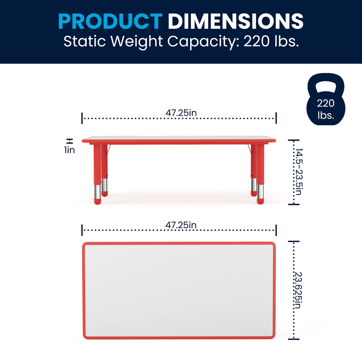 Flash Furniture YU-YCY-060-RECT-TBL-RED-GG 23.625"W x 47.25"L Rectangular Red Plastic Activity Table with Grey Top - View 3
