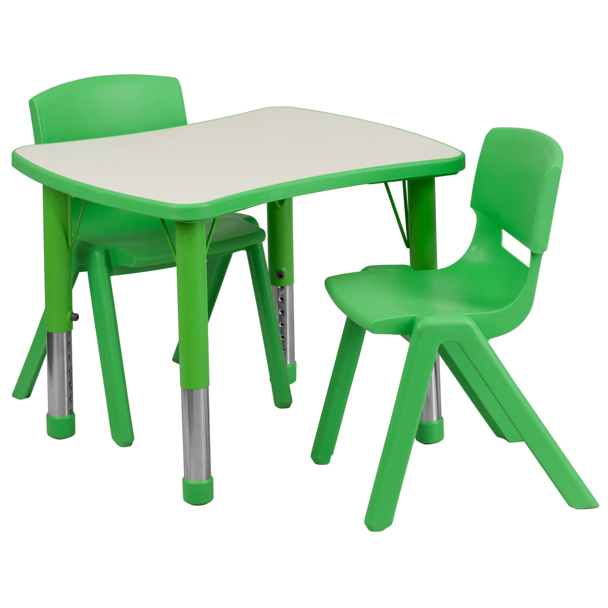 Flash Furniture YU-YCY-098-0032-RECT-TBL-GREEN-GG 21.875"W x 26.625"L Rectangular Green Plastic Activity Table Set with 2 Chairs - Main view
