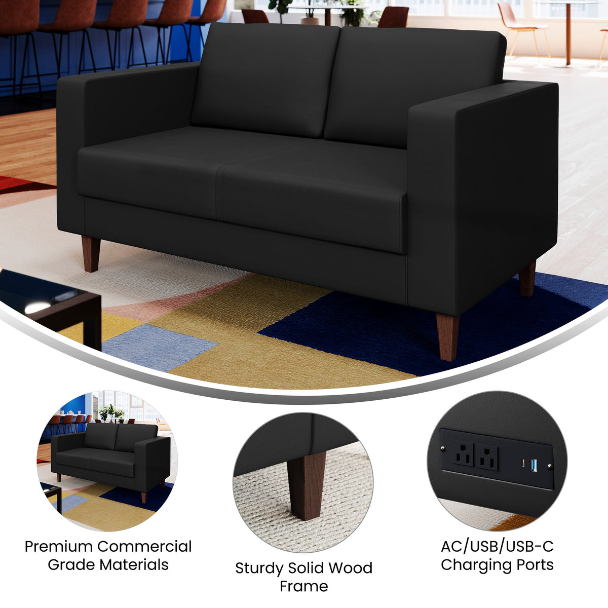 Flash Furniture ZB-8921-2S-BLK-GG Commercial Lobby Loveseat with 2 Outlets/1 USB/1 USB-C Ports-Black LeatherSoft - View 3
