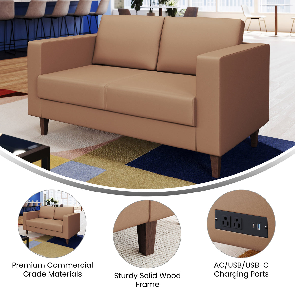 Flash Furniture ZB-8921-2S-COGNAC-GG Commercial Lobby Loveseat with 2 Outlets/1 USB/1 USB-C Ports-Cognac LeatherSoft - View 3