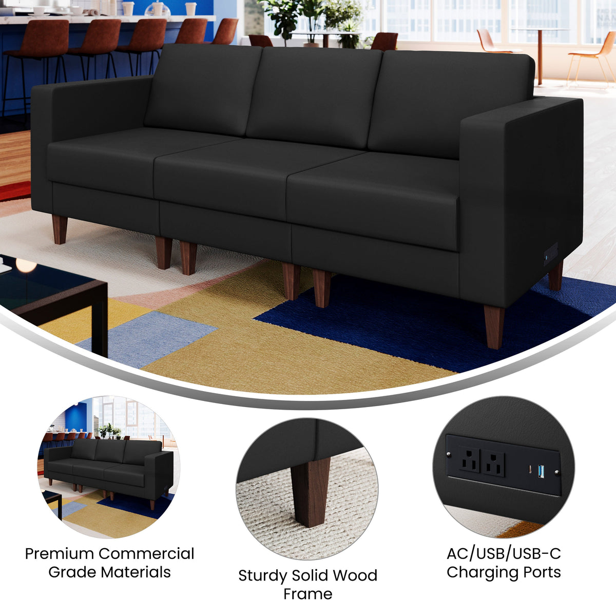 Flash Furniture ZB-8921-3S-BLK-GG Commercial Reception Sofa with Outlets/USB/USB-C Ports in Black LeatherSoft - View 3