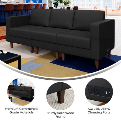 Flash Furniture ZB-8921-3S-BLK-GG Commercial Reception Sofa with Outlets/USB/USB-C Ports in Black LeatherSoft - View 3
