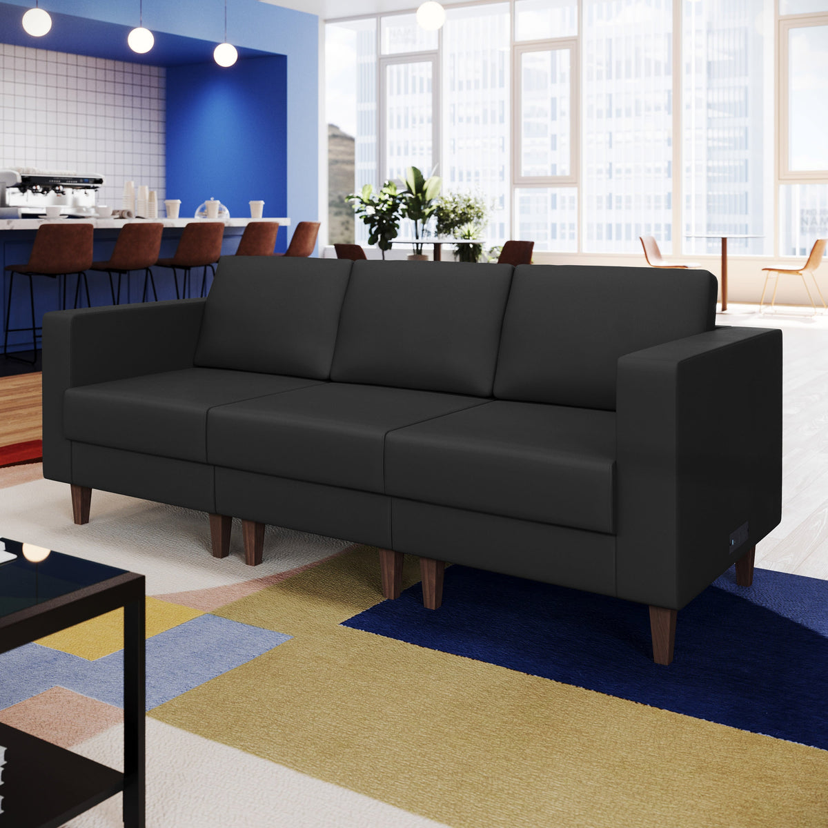 Flash Furniture ZB-8921-3S-BLK-GG Commercial Reception Sofa with Outlets/USB/USB-C Ports in Black LeatherSoft - View 5