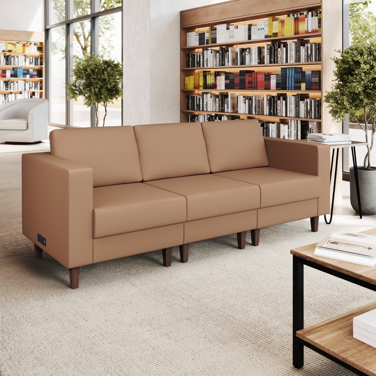 Flash Furniture ZB-8921-3S-COGNAC-GG Commercial Reception Sofa with Outlets/USB/USB-C Ports in Cognac LeatherSoft - View 2