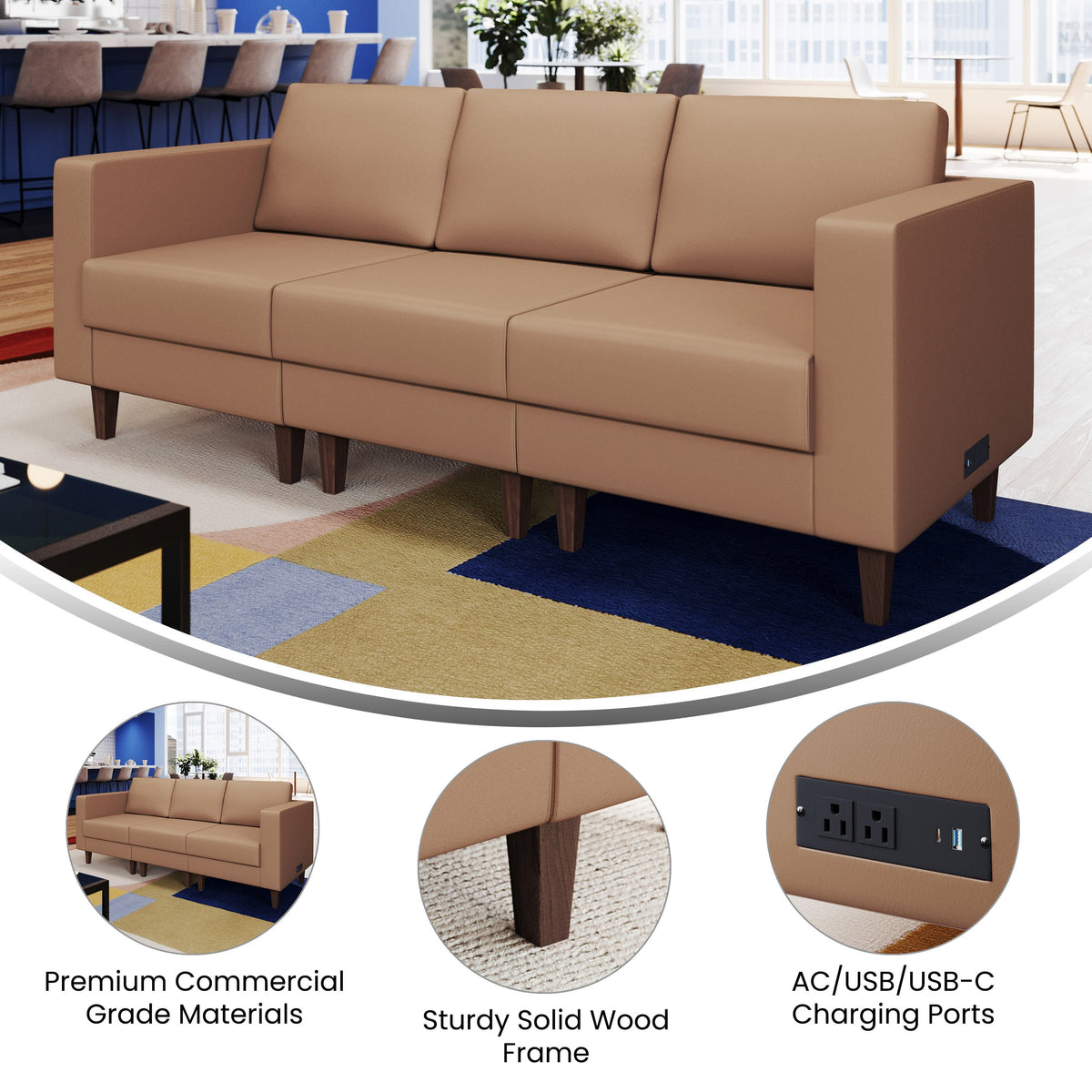 Flash Furniture ZB-8921-3S-COGNAC-GG Commercial Reception Sofa with Outlets/USB/USB-C Ports in Cognac LeatherSoft - View 3
