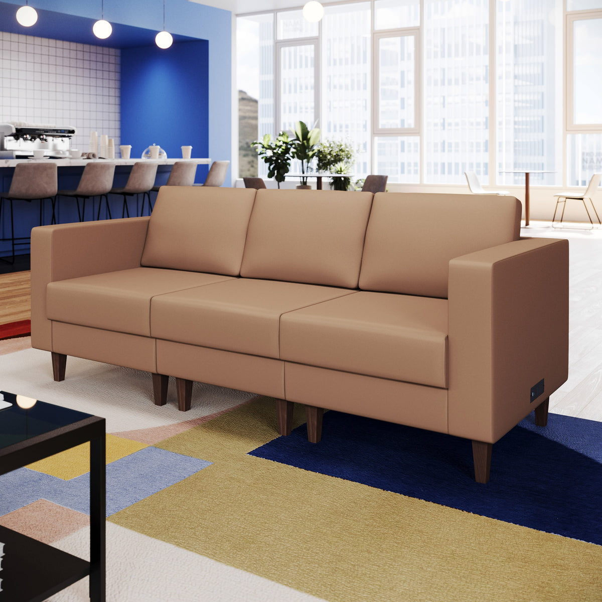 Flash Furniture ZB-8921-3S-COGNAC-GG Commercial Reception Sofa with Outlets/USB/USB-C Ports in Cognac LeatherSoft - View 5