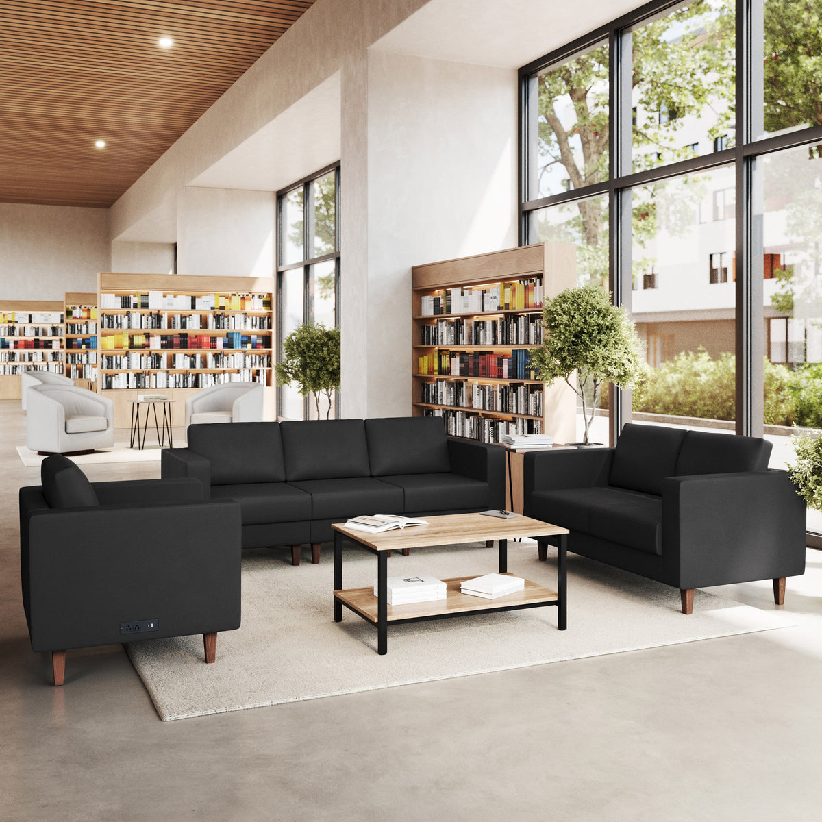Flash Furniture ZB-8921-SET-BLK-GG 3 PC Commercial Seating Set with Outlets/USB/USB-C Ports in Black LeatherSoft - View 2