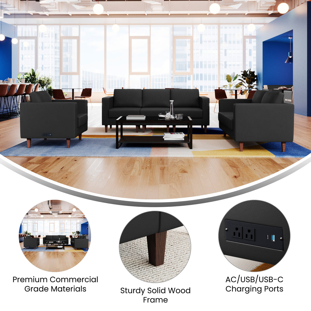 Flash Furniture ZB-8921-SET-BLK-GG 3 PC Commercial Seating Set with Outlets/USB/USB-C Ports in Black LeatherSoft - View 3