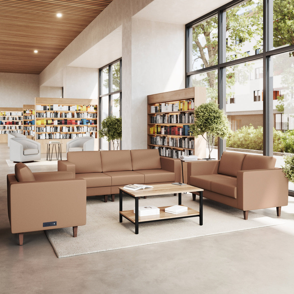 Flash Furniture ZB-8921-SET-COGNAC-GG 3 PC Commercial Seating Set with Outlets/USB/USB-C Ports in Cognac LeatherSoft - View 2