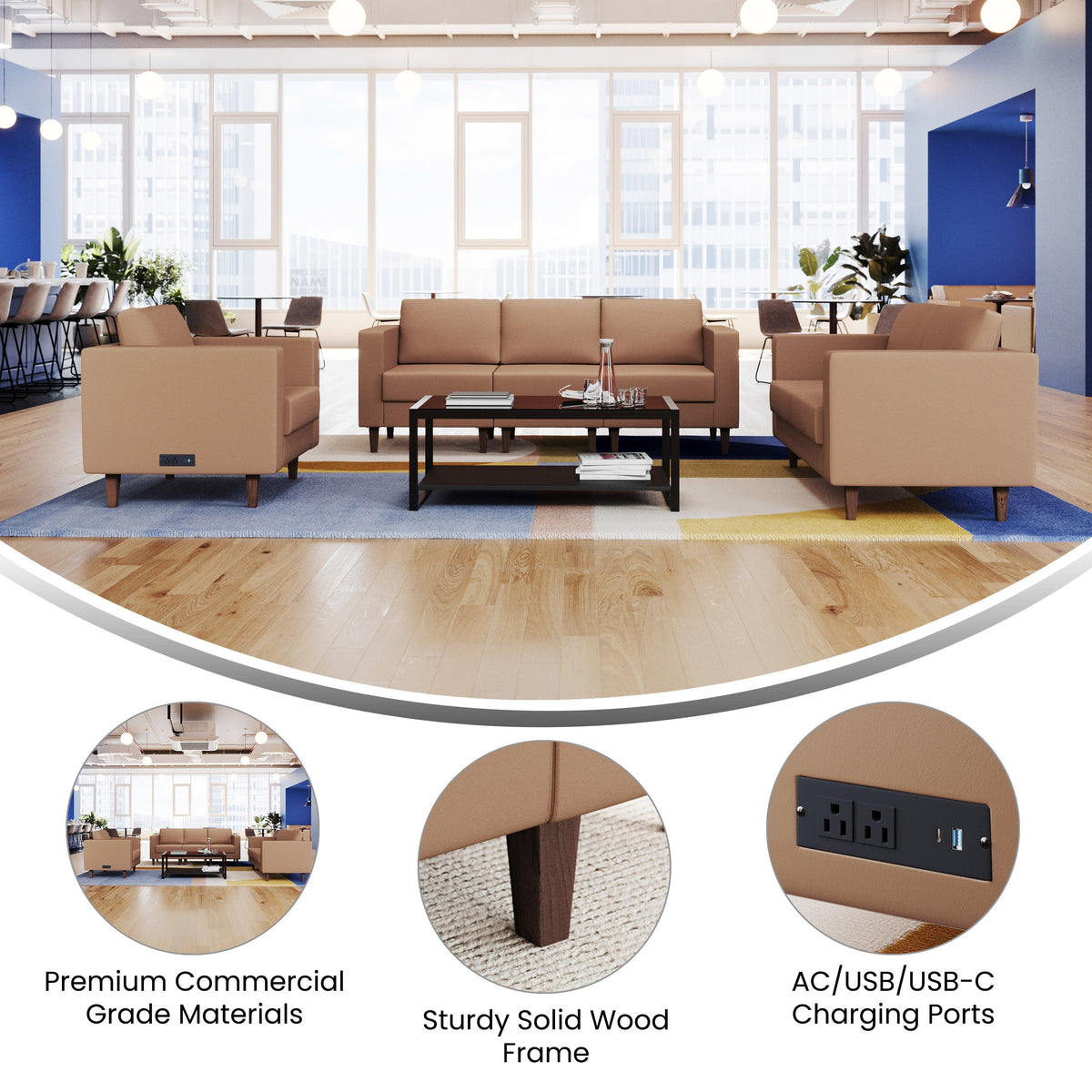 Flash Furniture ZB-8921-SET-COGNAC-GG 3 PC Commercial Seating Set with Outlets/USB/USB-C Ports in Cognac LeatherSoft - View 3