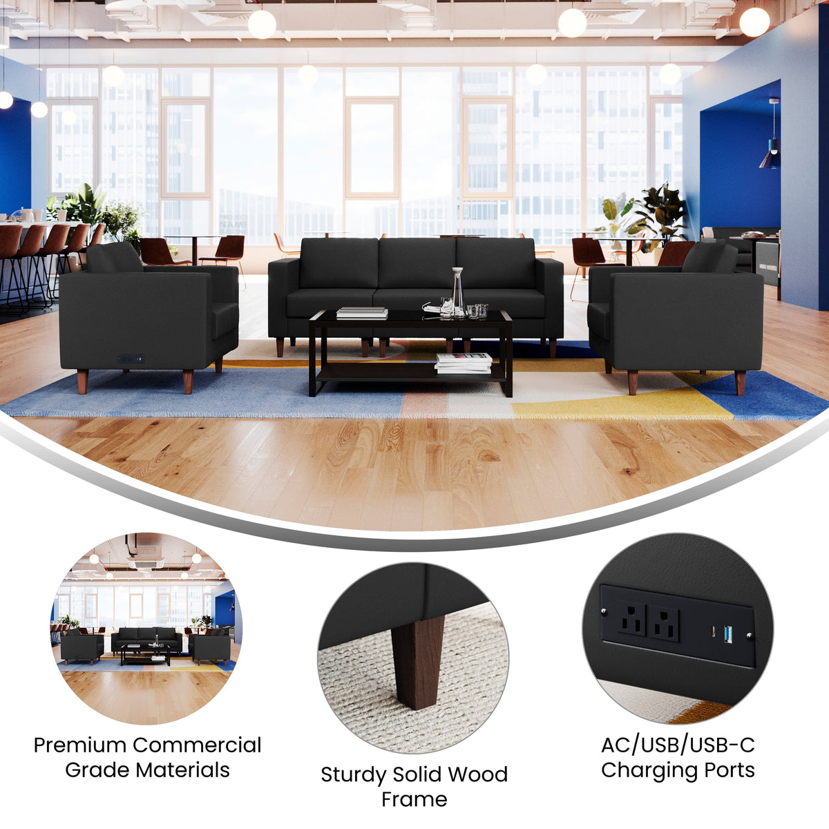 Flash Furniture ZB-8921-SET3-BLK-GG 3 PC Commercial Seating Set with Outlets/USB/USB-C Ports in Black LeatherSoft - View 3