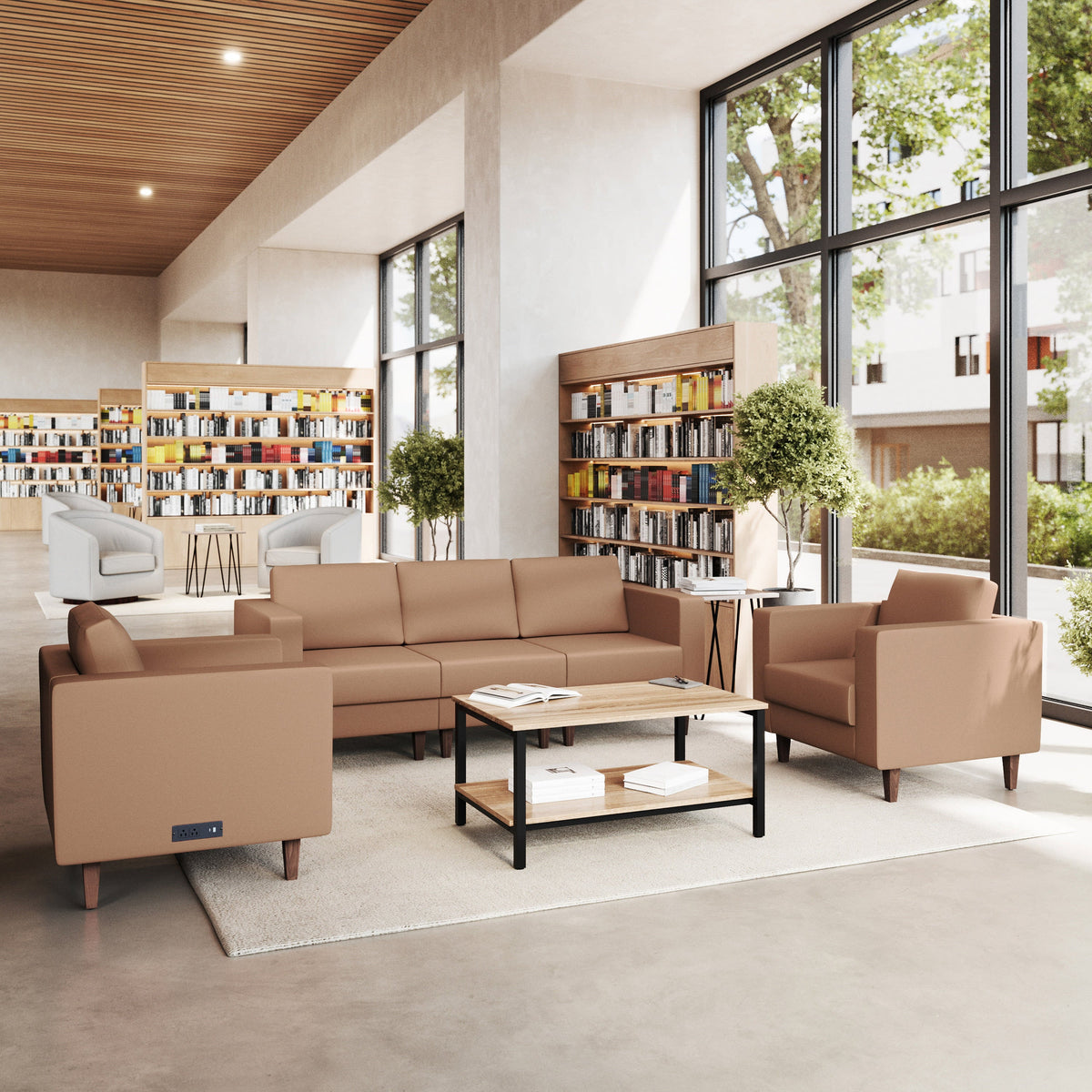 Flash Furniture ZB-8921-SET3-COGNAC-GG 3 PC Commercial Seating Set with Outlets/USB/USB-C Ports in Cognac LeatherSoft - View 2