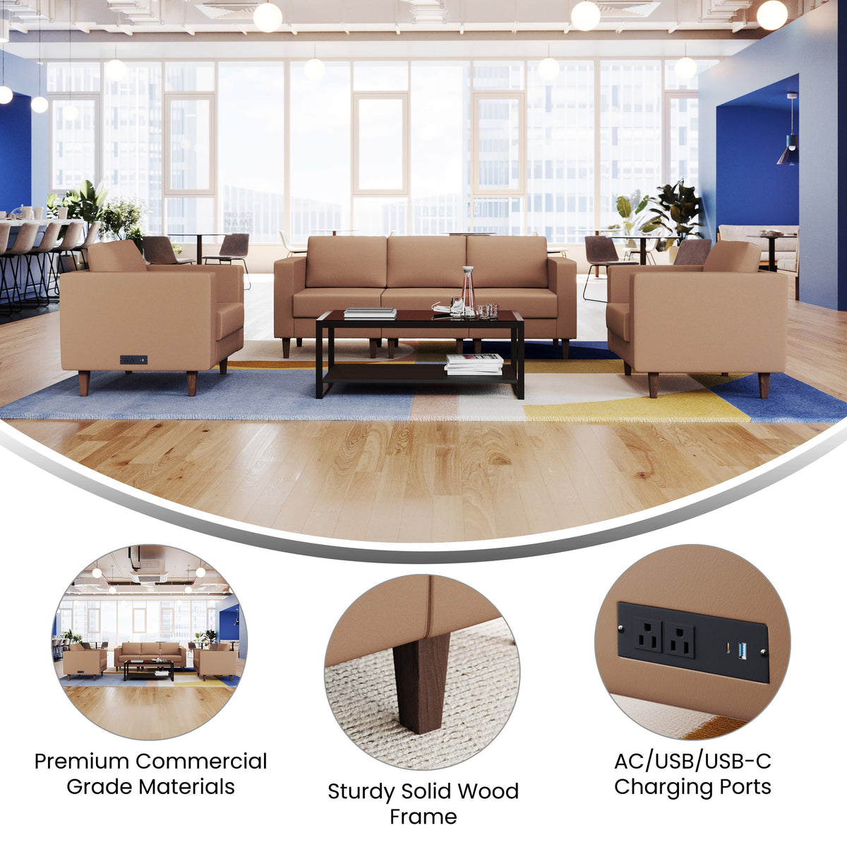 Flash Furniture ZB-8921-SET3-COGNAC-GG 3 PC Commercial Seating Set with Outlets/USB/USB-C Ports in Cognac LeatherSoft - View 3