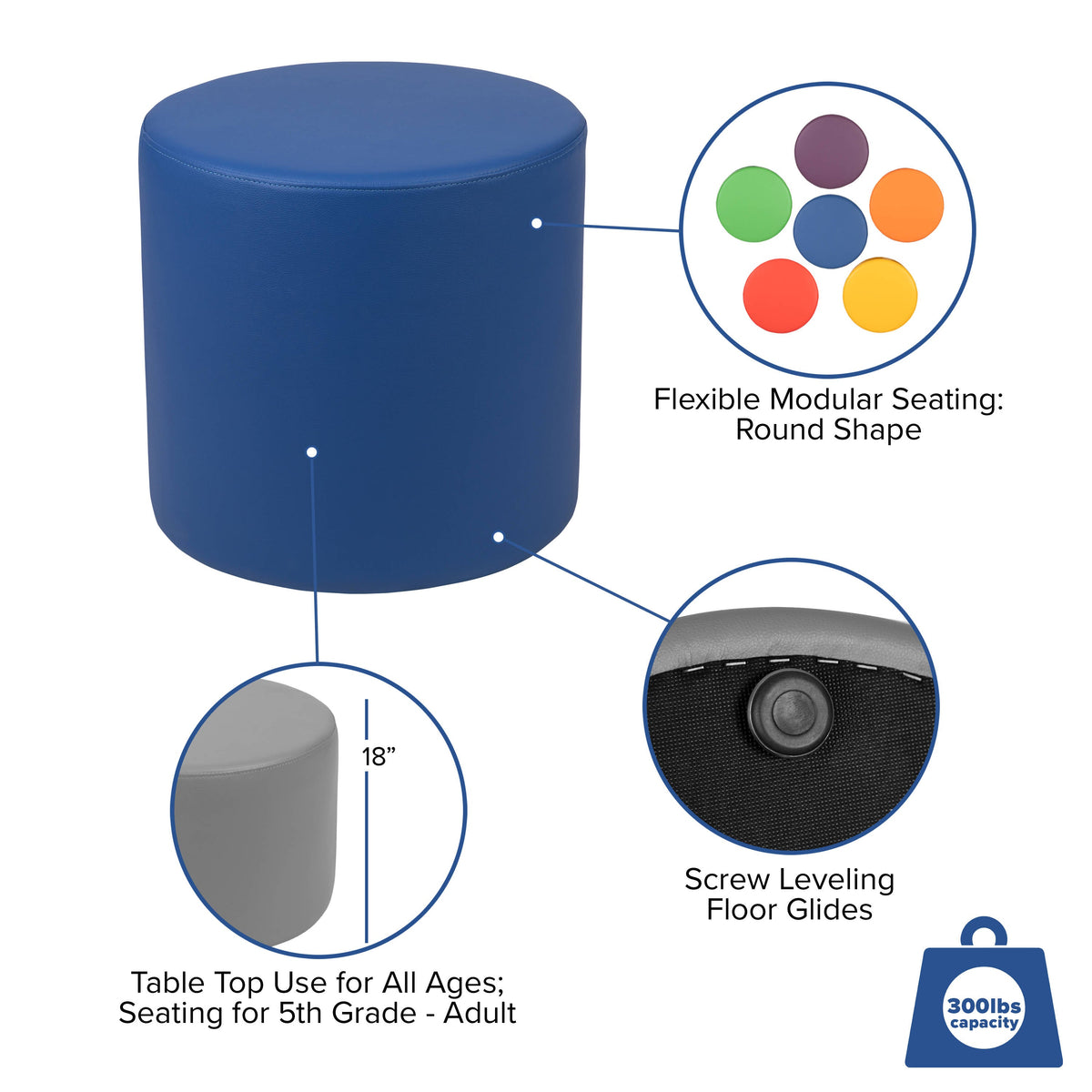 Flash Furniture ZB-FT-045R-18-BLUE-GG 18"H Soft Seating Flexible Circle for Classrooms and Common Spaces - Blue - View 4