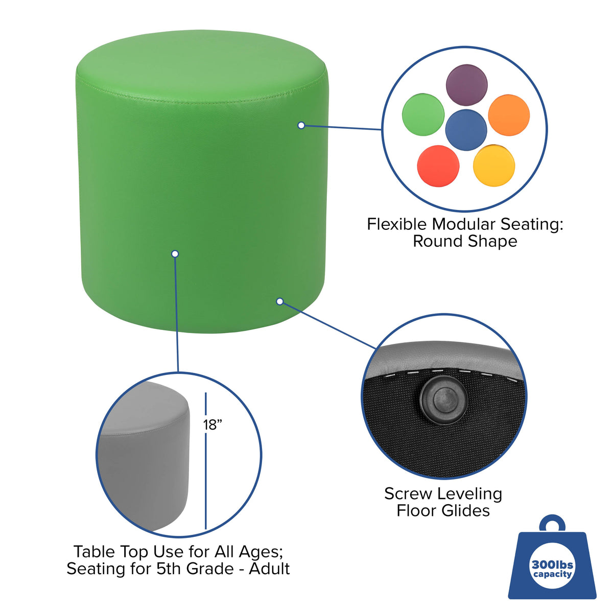 Flash Furniture ZB-FT-045R-18-GREEN-GG 18"H Soft Seating Flexible Circle for Classrooms and Common Spaces - Green - View 4