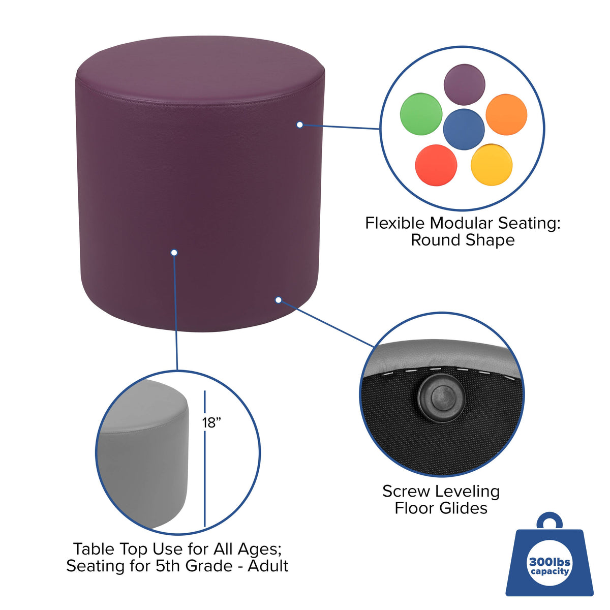 Flash Furniture ZB-FT-045R-18-PURPLE-GG 18"H Soft Seating Flexible Circle for Classrooms and Common Spaces - Purple - View 4