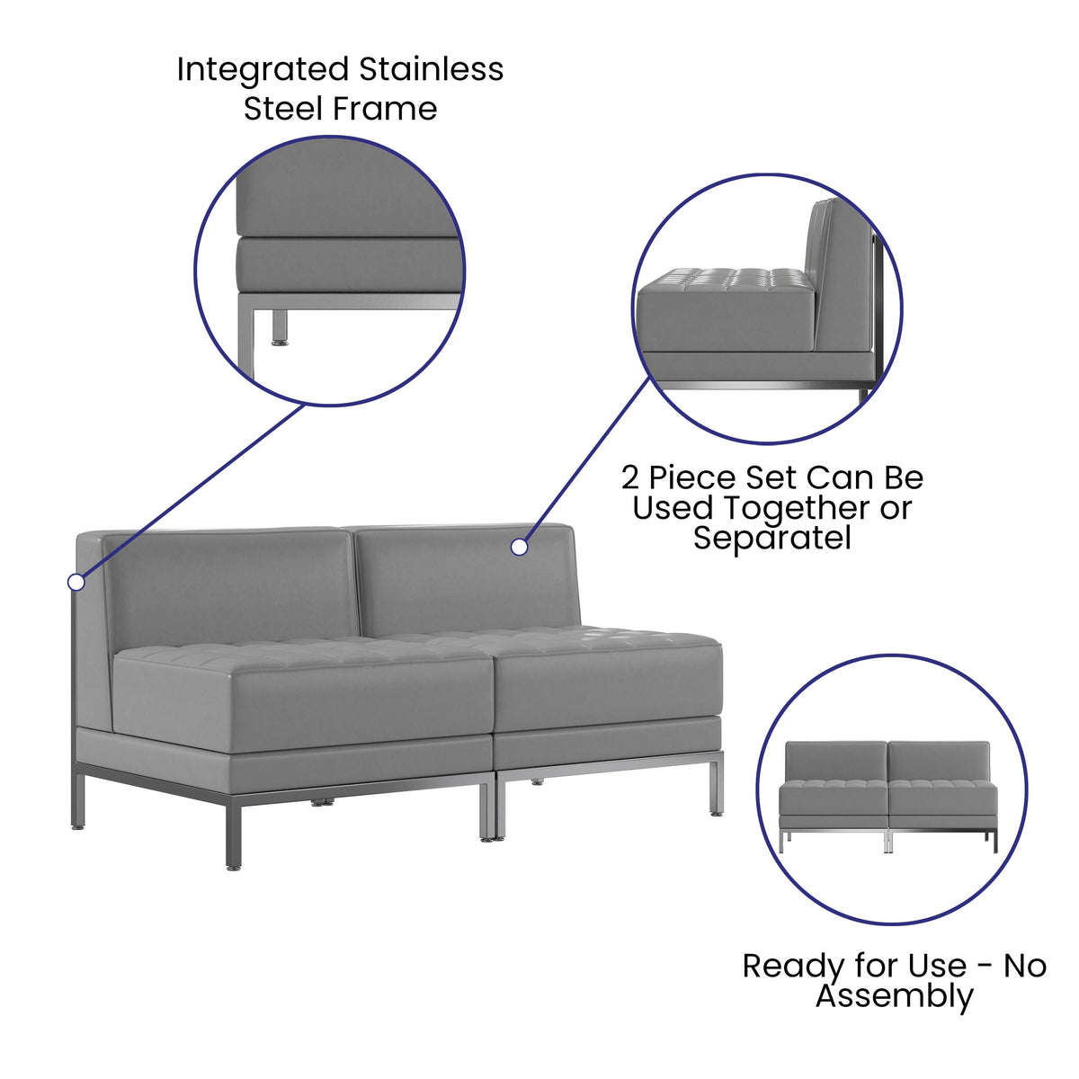 Flash Furniture ZB-IMAG-MIDCH-2-GY-GG 2 Piece Gray LeatherSoft Modular Reception Lounge Set with Ganging Clips - Reception Bench - View 3