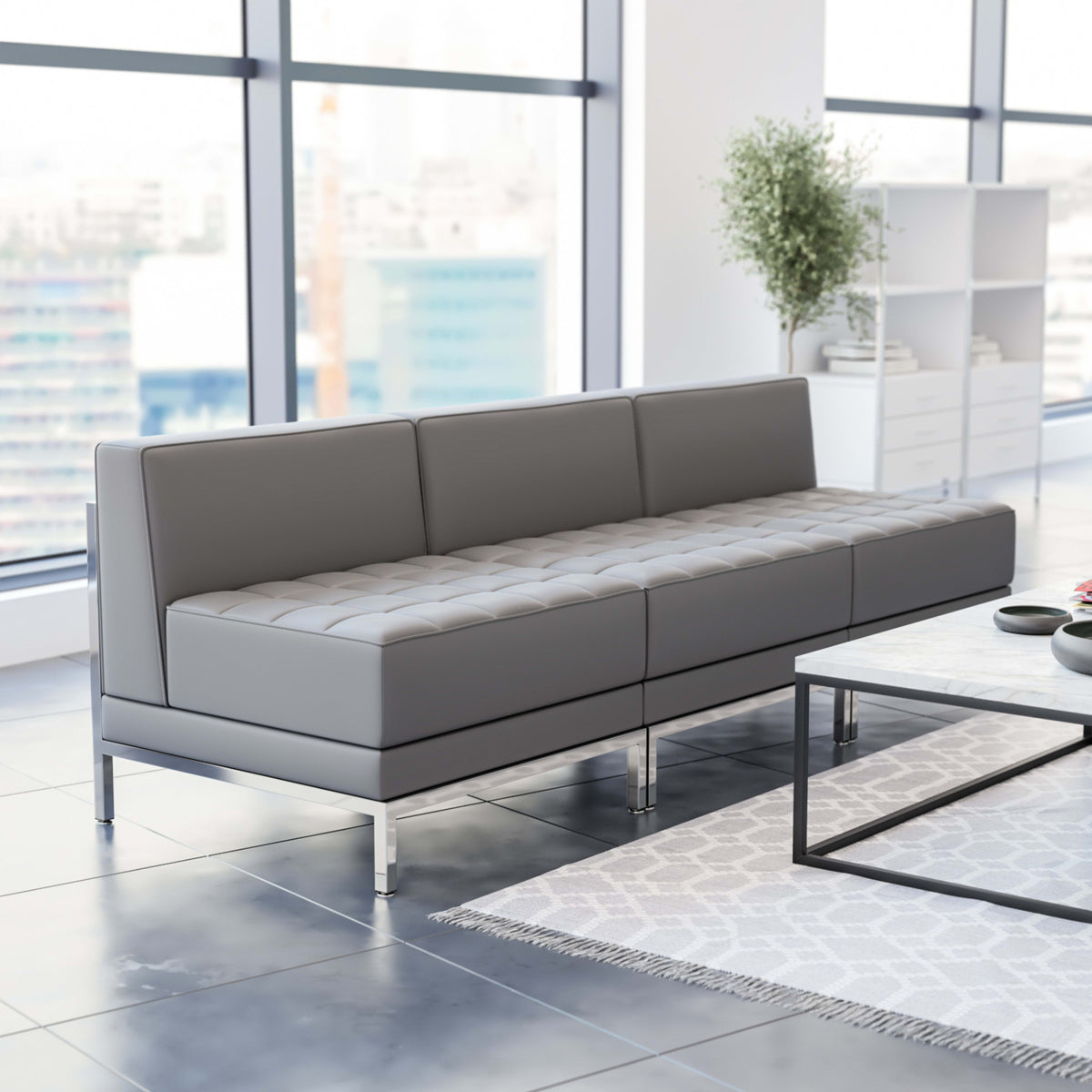 Flash Furniture ZB-IMAG-MIDCH-3-GY-GG 3 Piece Gray LeatherSoft Modular Reception Lounge Set with Ganging Clips - Reception Bench - View 2