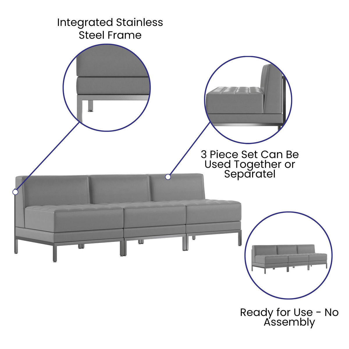 Flash Furniture ZB-IMAG-MIDCH-3-GY-GG 3 Piece Gray LeatherSoft Modular Reception Lounge Set with Ganging Clips - Reception Bench - View 3