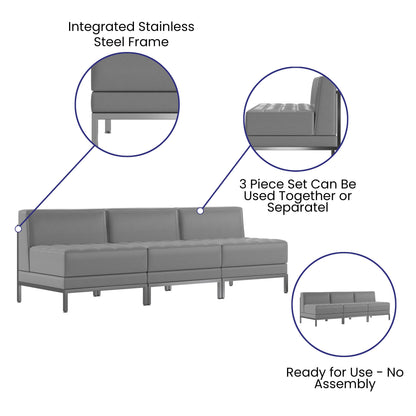 Flash Furniture ZB-IMAG-MIDCH-3-GY-GG 3 Piece Gray LeatherSoft Modular Reception Lounge Set with Ganging Clips - Reception Bench - View 3