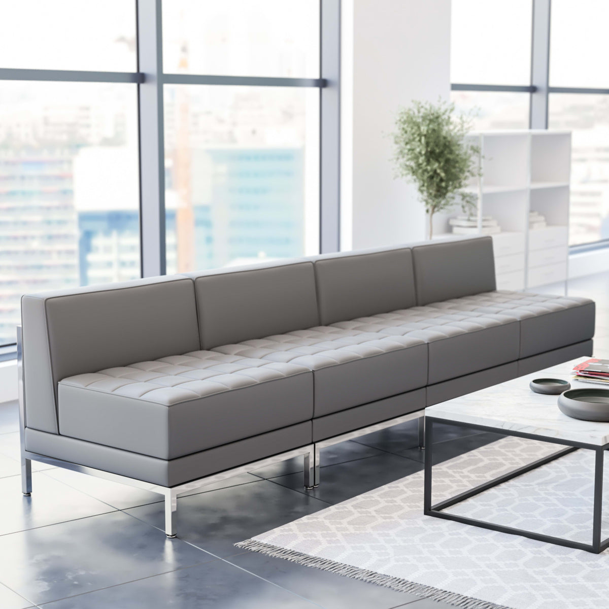 Flash Furniture ZB-IMAG-MIDCH-4-GY-GG 4 Piece Gray LeatherSoft Modular Reception Lounge Set with Ganging Clips - Reception Bench - View 2