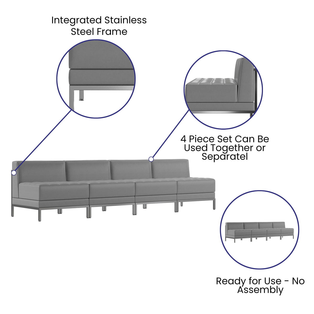Flash Furniture ZB-IMAG-MIDCH-4-GY-GG 4 Piece Gray LeatherSoft Modular Reception Lounge Set with Ganging Clips - Reception Bench - View 3