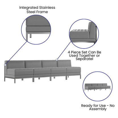 Flash Furniture ZB-IMAG-MIDCH-4-GY-GG 4 Piece Gray LeatherSoft Modular Reception Lounge Set with Ganging Clips - Reception Bench - View 3