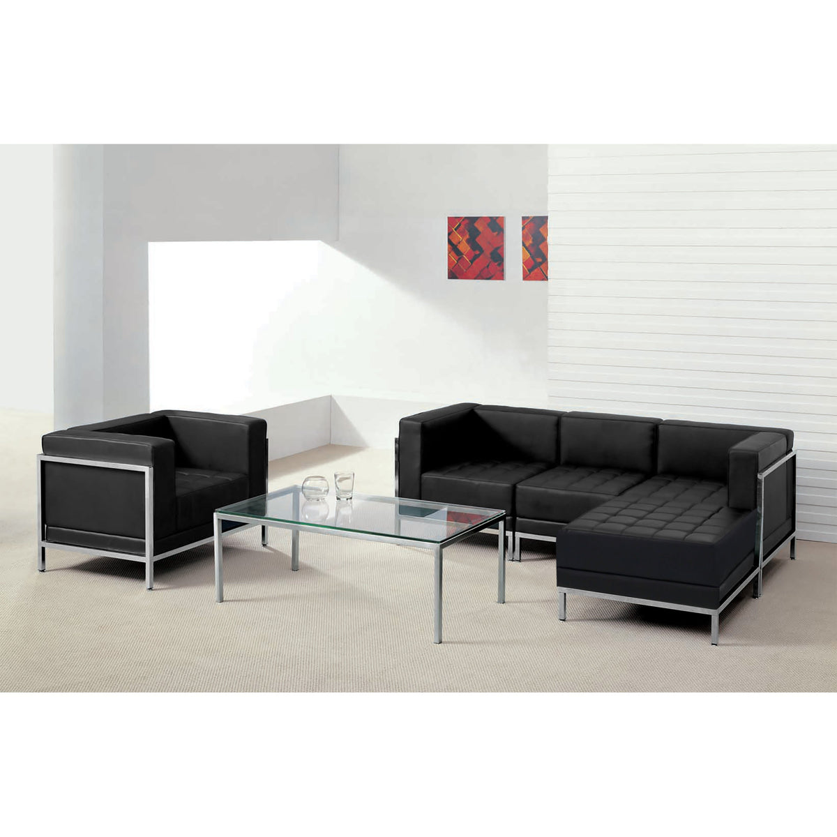 Flash Furniture ZB-IMAG-SET12-GG 5 Piece Black LeatherSoft Modular Sectional & Chair - Stainless Steel Legs - View 2