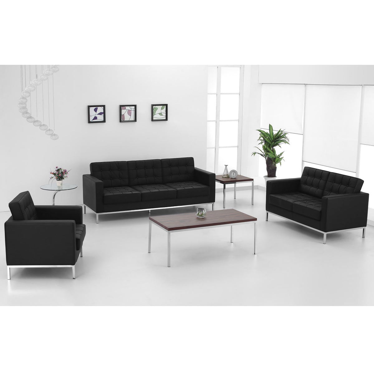 Flash Furniture ZB-LACEY-831-2-LS-BK-GG Button Tufted Black LeatherSoft Loveseat w/Integrated Stainless Steel Frame - View 2