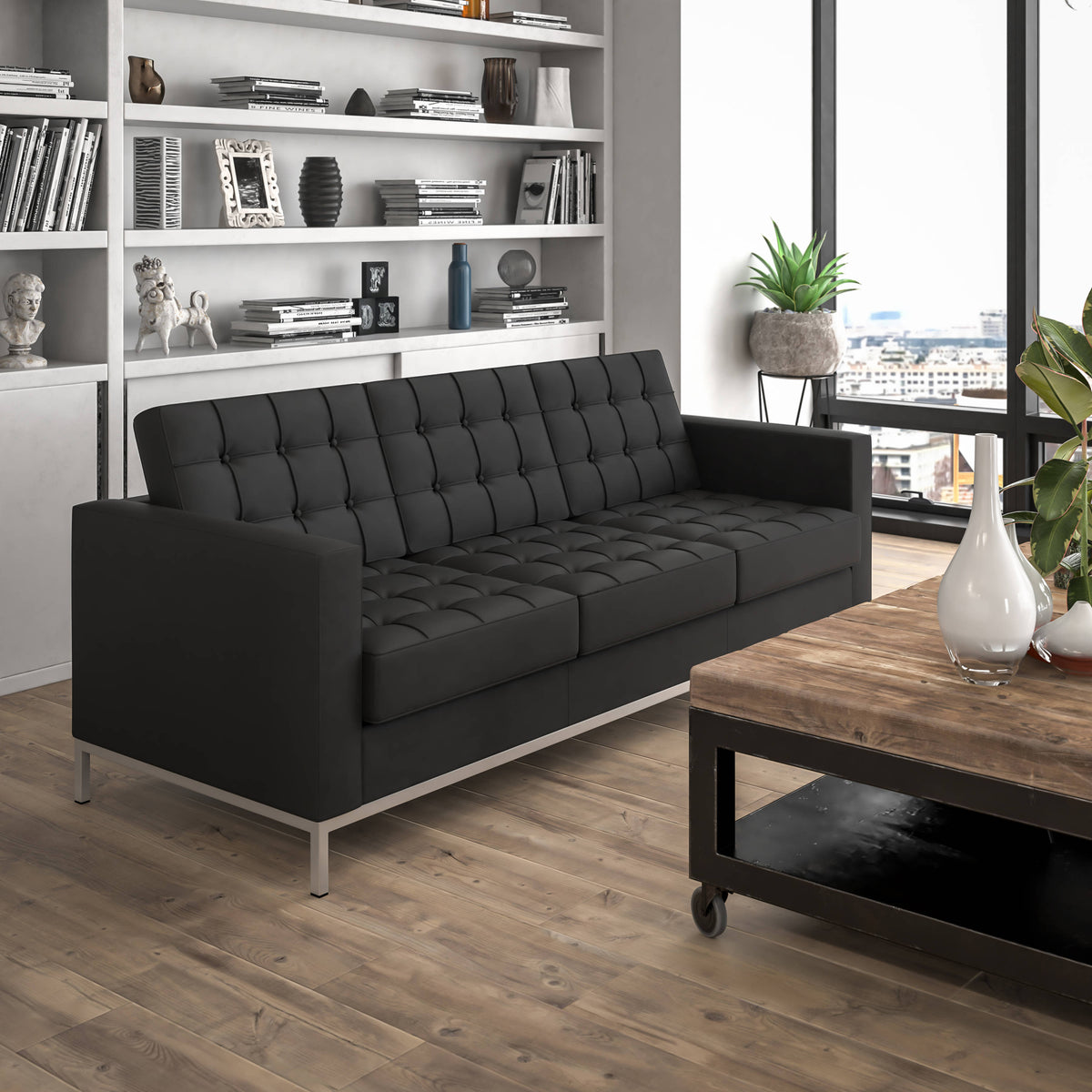 Flash Furniture ZB-LACEY-831-2-SOFA-BK-GG Button Tufted Black LeatherSoft Sofa with Integrated Stainless Steel Frame - View 2