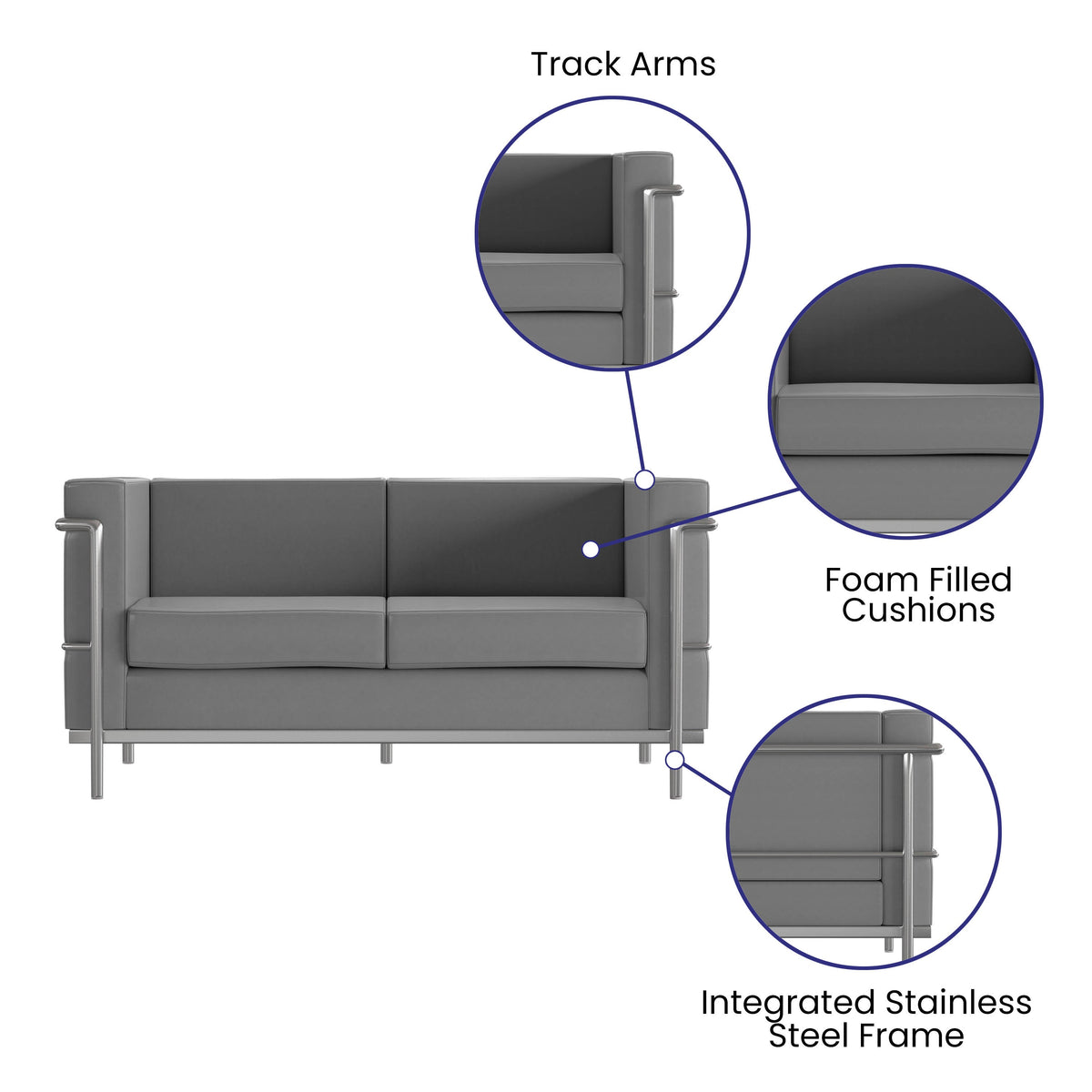 Flash Furniture ZB-REGAL-810-2-LS-GY-GG Contemporary Gray LeatherSoft Loveseat with Double Bar Encasing Frame - View 3
