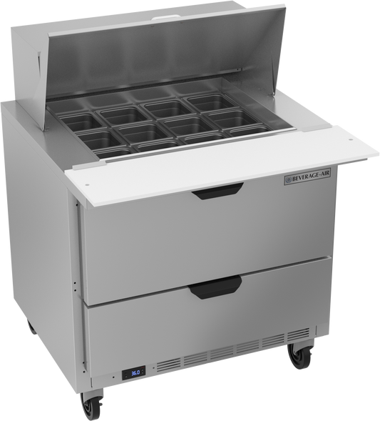 Beverage-Air SPED36HC-12M-2 36" 2 Drawer 12 Pan Mega Top Sandwich / Salad Prep Table