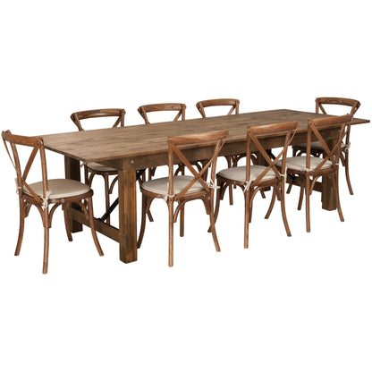 Flash Furniture XA-FARM-14-GG 9' x 40" Rustic Folding Farm Table Set with 8 Cross Back Chairs and Cushions - Main view